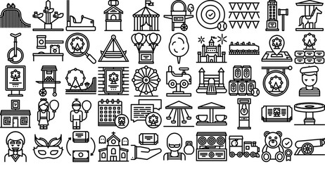 A Collection Of Fair Icons Web Header Banner Design Containing Ferris-Wheel,Fair,Carousel,Amusement-Park,Attraction Outline Icons Collection. Simple Vector Illustration