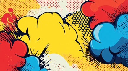 A background of comic book style clouds with yellow and blue dots, in the foreground is an explosion effect with red flames.