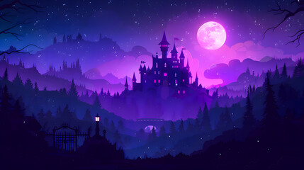 Naklejka premium Modern twilight dark purple scene with kingdom palace, glowing windows and gates in a nighttime cartoon landscape with a fairytale medieval castle in a countryside under the light of a full moon