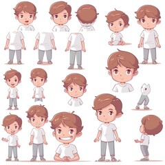 Obraz premium A character design sheet featuring a young boy in various poses and expressions.