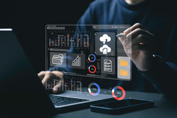 Business networks with cyber security software. Businessman shows cloud storage network technology...