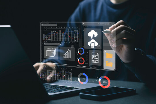 Business networks with cyber security software. Businessman shows cloud storage network technology icon, large network of backup platforms. Cloud technology concept.