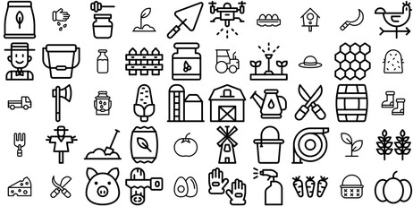 Naklejka premium Mega Set Of Vector Farming Isolated Silhouette Solid Icons With Agriculture,Farm,Farming,Bucket,Plant Business Infographic Elements Logo Vector Illustration