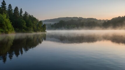 Fototapeta premium : A tranquil lake at dawn with mist gently rising from the water, reflecting the soft hues of the sunrise