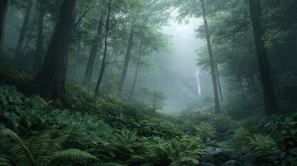 Obraz premium Misty Forest Waterfall