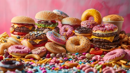 Colorful Overflowing Pile of Assorted Junk Food on Vibrant Background