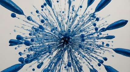 Shattering blue color on solid white background, burst of liquid color on wide screen