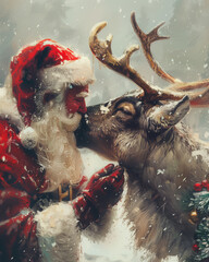 a oil painted christmas card with santa and a reindeer 