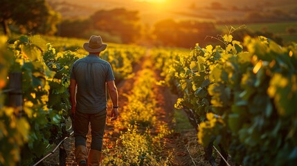 Fototapeta premium An unidentified vineyard employee meticulously cares for thriving grapevines in a sunny vineyard featuring classic agricultural techniques.
