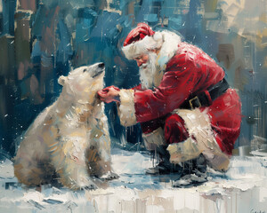 a oil painted christmas card with santa and a polar bear
