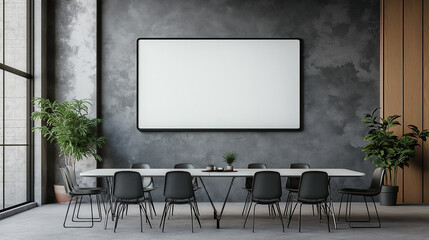 A modern conference room with a large blank screen, surrounded by black chairs and greenery, ideal for business presentations with ample copy space.