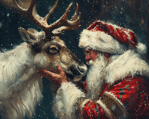 a oil painted christmas card with santa and a reindeer 