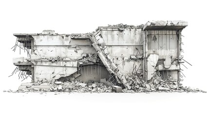 Fototapeta premium Architecture illustration of a partially collapsed building with exposed rebar and crumbling concrete, set against a pristine white background