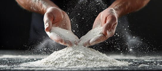 Close-up of two hands pouring white powder, creating a cloud of dust above a pile of white powder.