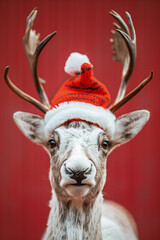  a reindeer with a christmas hat with red sparkling and snowing background for christmas