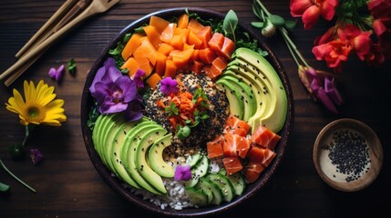 Overhead shot of a vibrant poke bowl on a bamboo mat