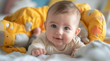 Adorable infant resting in crib at residence.