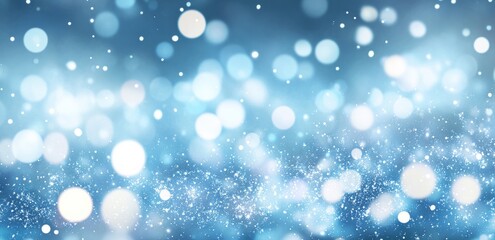 Obraz premium Abstract background with bokeh lights and snowflakes on a blue sky.