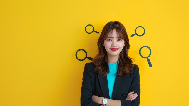 High-res stock image of smart, joyful Asian businesswoman with digital perm hair, standing against yellow background with hand-drawn magnifying glasses.
