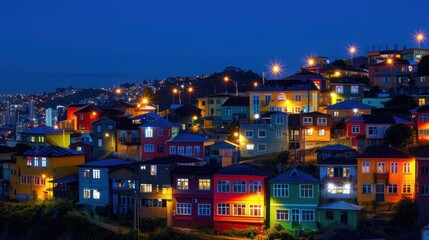 Naklejka premium Colorful Houses on a Hillside at Night