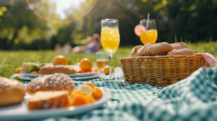 Friends enjoying blissful picnic in park, radiating delight and bliss, with copy space, focus on all objects, deep depth of field.