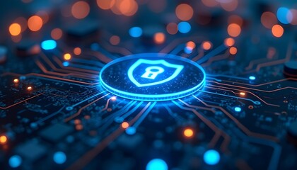 cyber security orange dark color with blue padlock