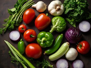 Different vegetables on kitchen desk, tomatoes, lettuce, celery, cucumber, onion, green veggies, pepper, free, space. Healthy diet related