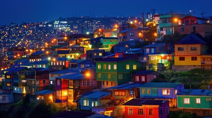 Naklejka premium Colorful Houses on a Hillside at Night in Valparaiso, Chile