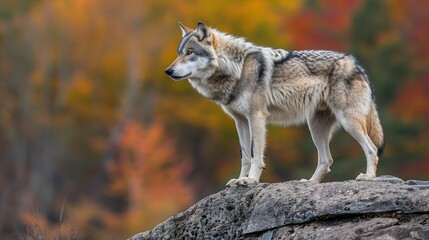 Grey Wolf. Majestic Wild Animal on Rocky Terrain in Autumn Setting in Canada