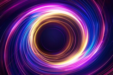 A neon light effect background with purple, blue and yellow colors on the edges of an abstract circular shape, 