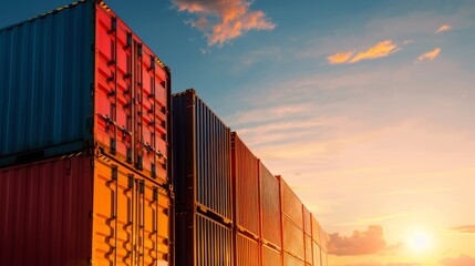 Fototapeta premium Silhouetted cargo containers in transit against sky, copy space, focus on objects, deep depth of field.
