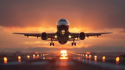 Fototapeta premium Silhouette cargo plane landing in transit with copy space, covering all objects, deep depth of field.
