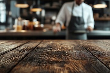 Close up of rustic wooden table with blurred background of a chef working in a kitchen.