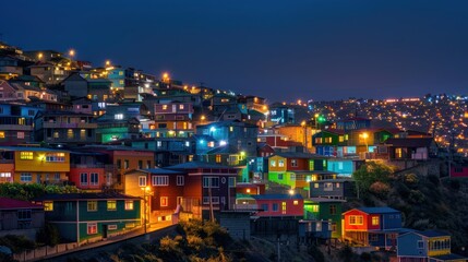 Naklejka premium Colorful Houses on a Hillside at Night