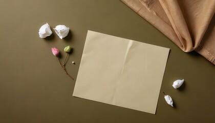 Fototapeta premium Flat Lay with Beige Card and Brown Fabric on Green Background.
