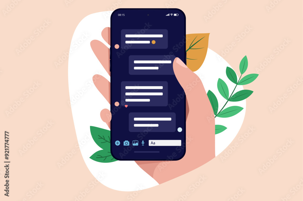 Poster text message on phone - hand holding mobile smartphone with sms or social media conversation on scre