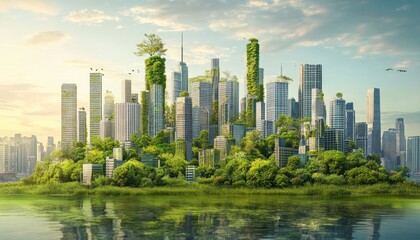 Urban landscape with greenery and skyscrapers at sunset over a serene water body