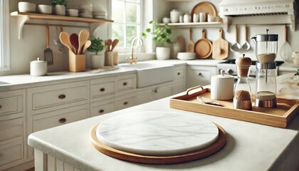 Platform podium in a beautiful kitchen. Realistic mock-up for product promotion. Abstract modern minimal background with empty podium