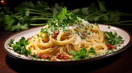 Plate of pasta carbonara with grated Parmesan and parsley