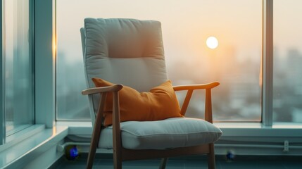 Tranquil reading chair by window, cozy and peaceful ambiance, spacious with deep focus, perfect for relaxation.