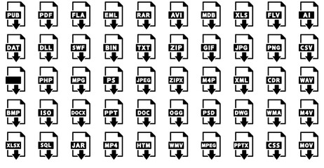A Collection Of File Format Isolated Silhouette Solid Icons With Extension,Document,Format,Download,File Vector Icon Set Linear Pictogram Pack