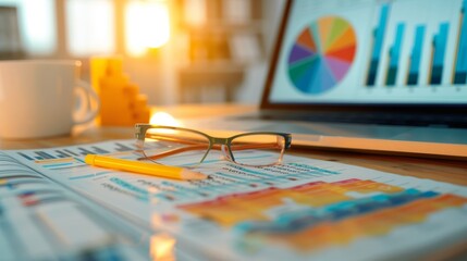 Curriculum review session with progress tracking charts, deep depth of field, copy space included