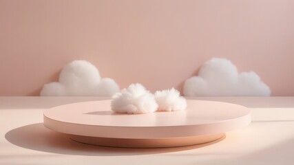 Abstract pink platform podium with clouds. Realistic pastel mock-up for products promotion. Abstract modern minimal background with empty podium. 