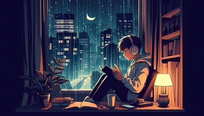 Lofi Anime illustration style young beautiful teenager studying near the window at night.