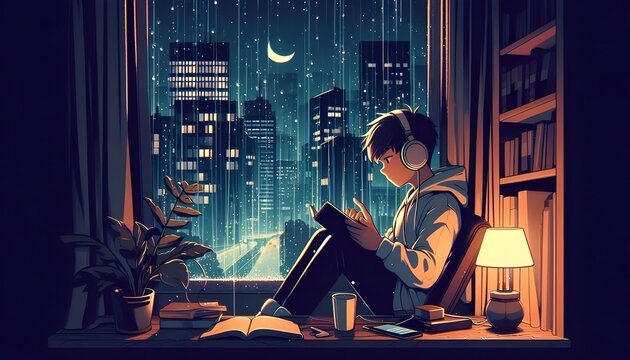 Lofi Anime illustration style young beautiful teenager studying near the window at night. - Powered by Adobe