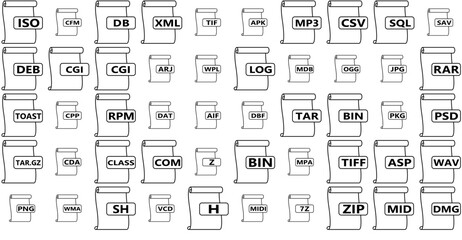 A Collection Of File Formats Icons Web Header Banner Design Containing Compressed,Script-File,Audio-File,File-Format,File Vector Icons Illustration Collection