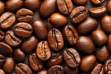 Fototapeta premium Close-up of roasted coffee beans showcasing their rich brown color and texture, perfect for illustrating coffee and beverage-related content.