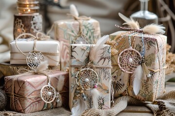 Beautiful gift boxes on solid abstract background 