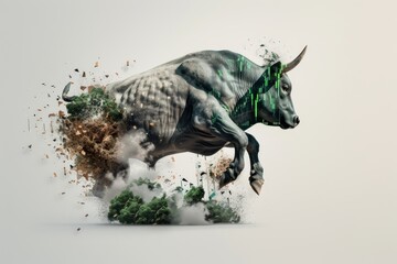 Obraz premium Dynamic illustration of a powerful bull leaping amidst a burst of color and debris, symbolizing strength and energy.