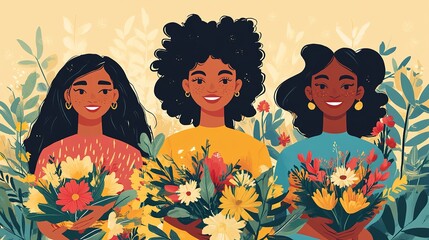 illustration design depicting three girls performing acts of kindness and compassion,